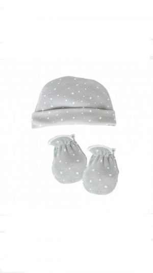 Gorro y Manoplas en Gris con Puntos Blancos