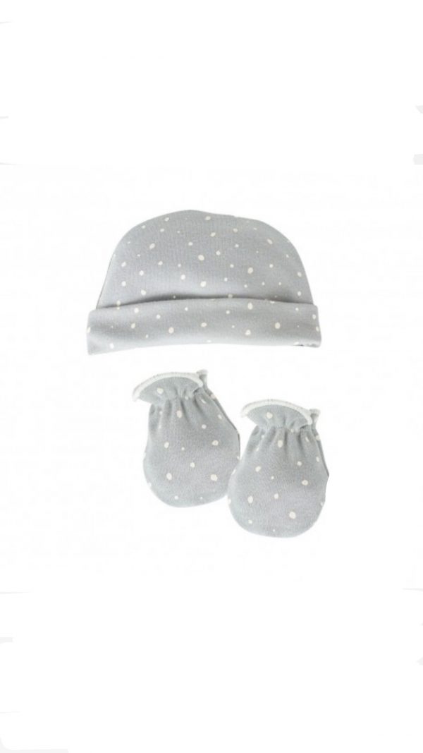 Gorro y Manoplas en Gris con Puntos Blancos