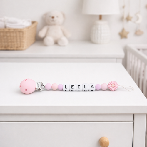 chupetero personalizable silicona flor rosa 1